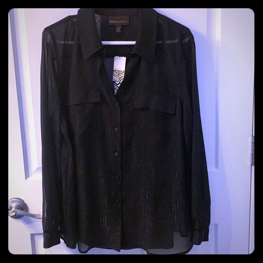 Sheer button down with black tank underneath